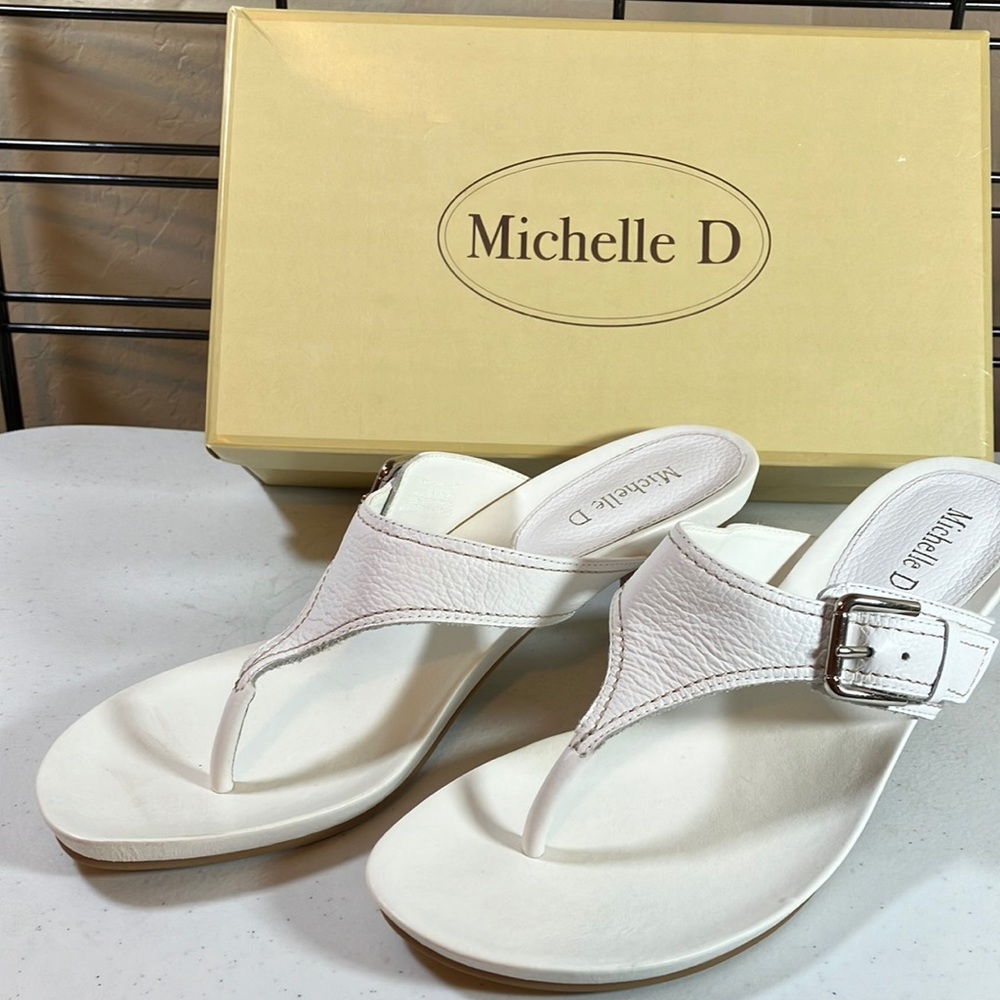 NIB “Michelle D” Leather Upper, White w/ Silver Buckle Slide 2” Heel, Never Worn
